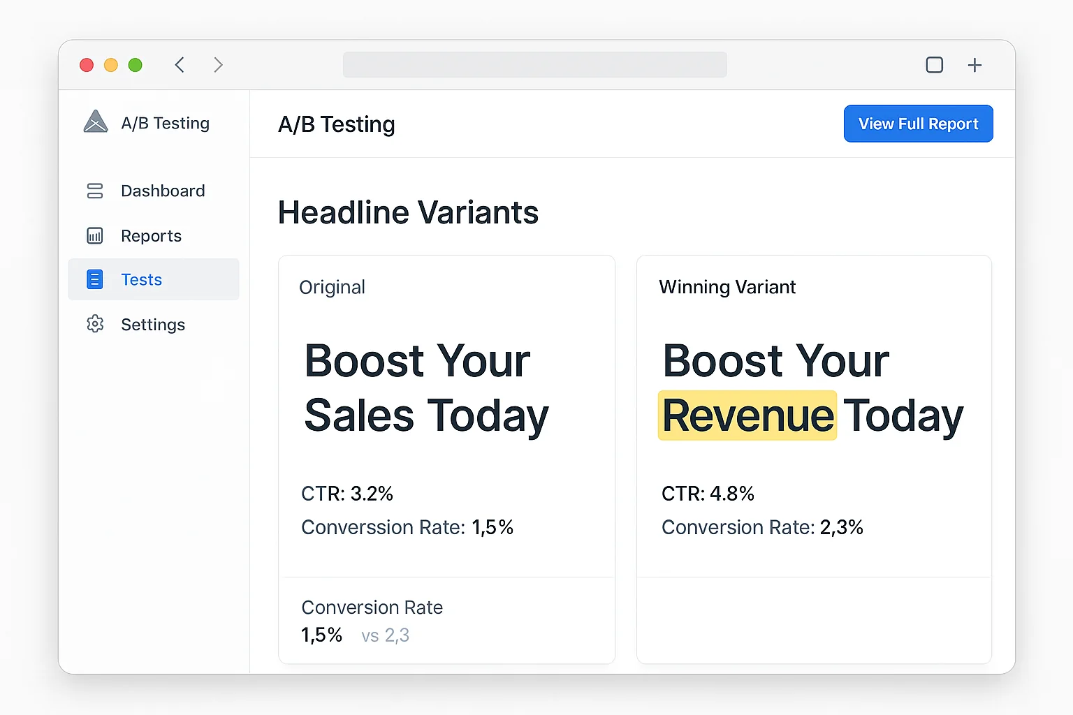 Side-by-side comparison of the original headline variant and the winning headline variant, with the single changed word highlighted