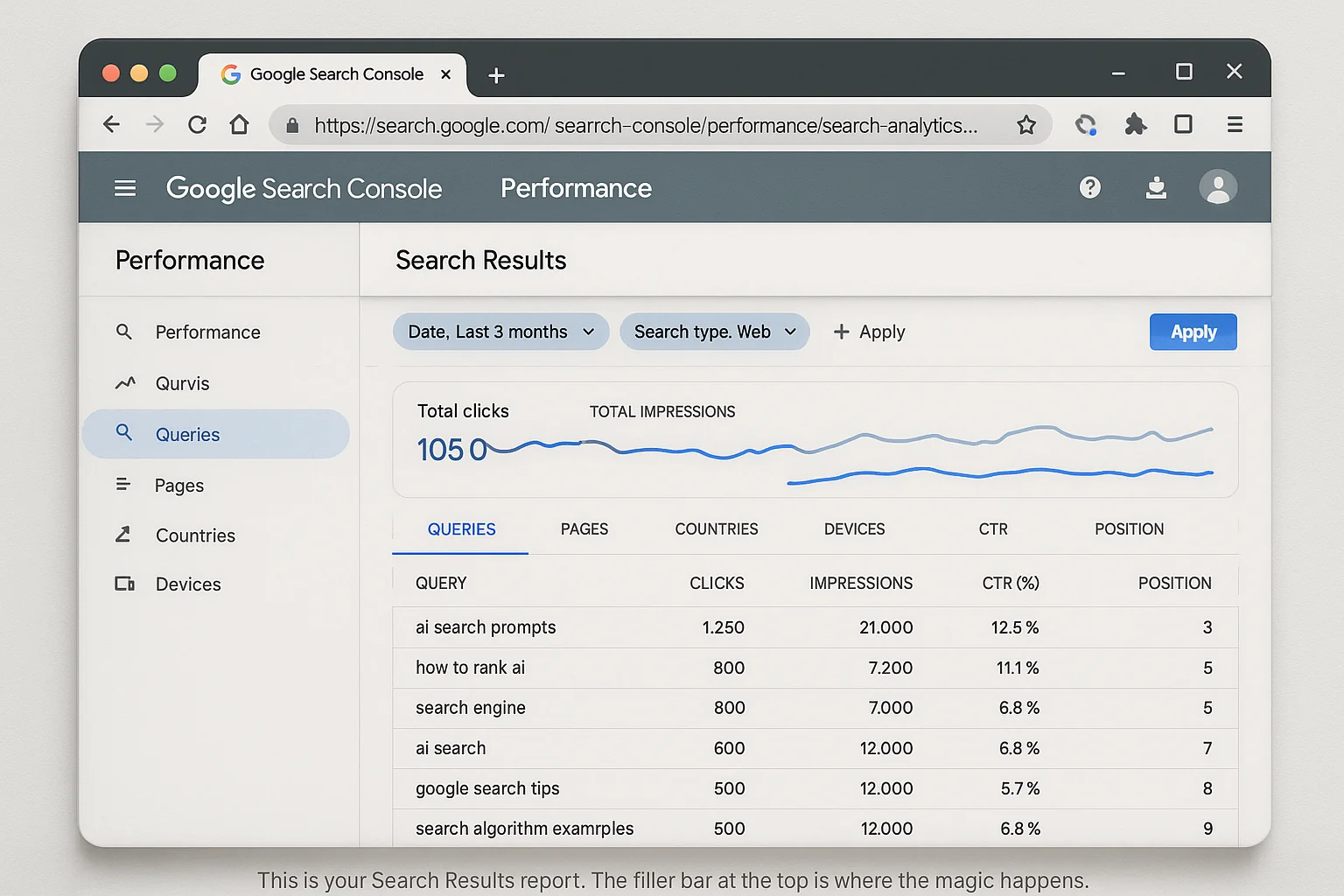 The Performance > Search Results page in GSC, showing the default view with the filter bar at the top (Date, Search type, etc.) and the Queries tab selected below the graph. Caption: "This is your Search Results report. The filter bar at the top is where the magic happens."