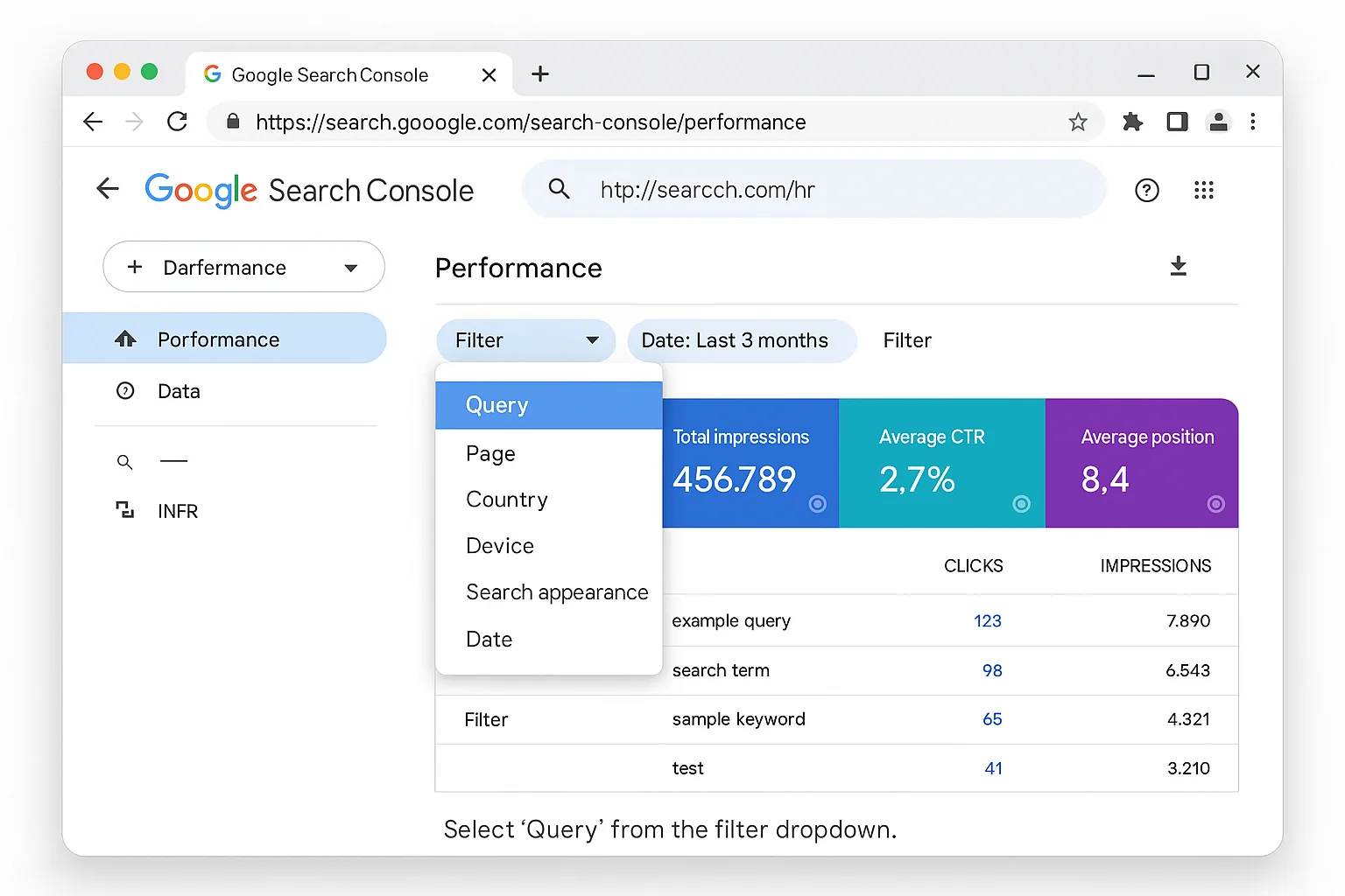 The filter dropdown showing the options -Query, Page, Country, Device, Search appearance, Date. The "Query" option should be highlighted/selected. Caption: "Select 'Query' from the filter dropdown."