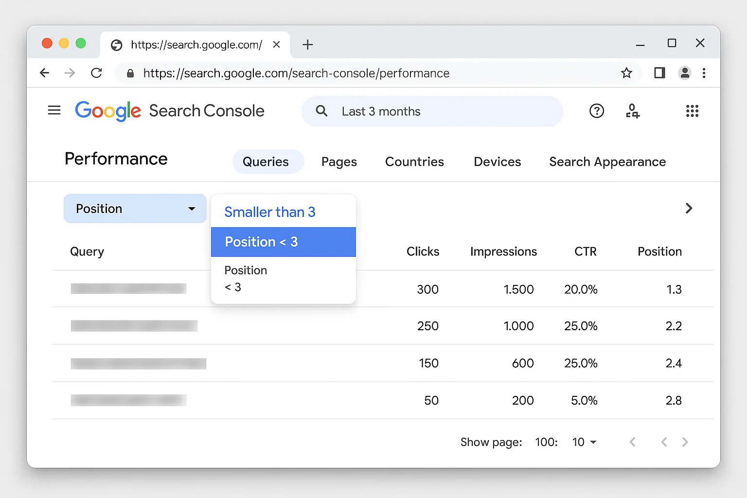 The filter dropdown showing Position filter set to "Smaller than 3"