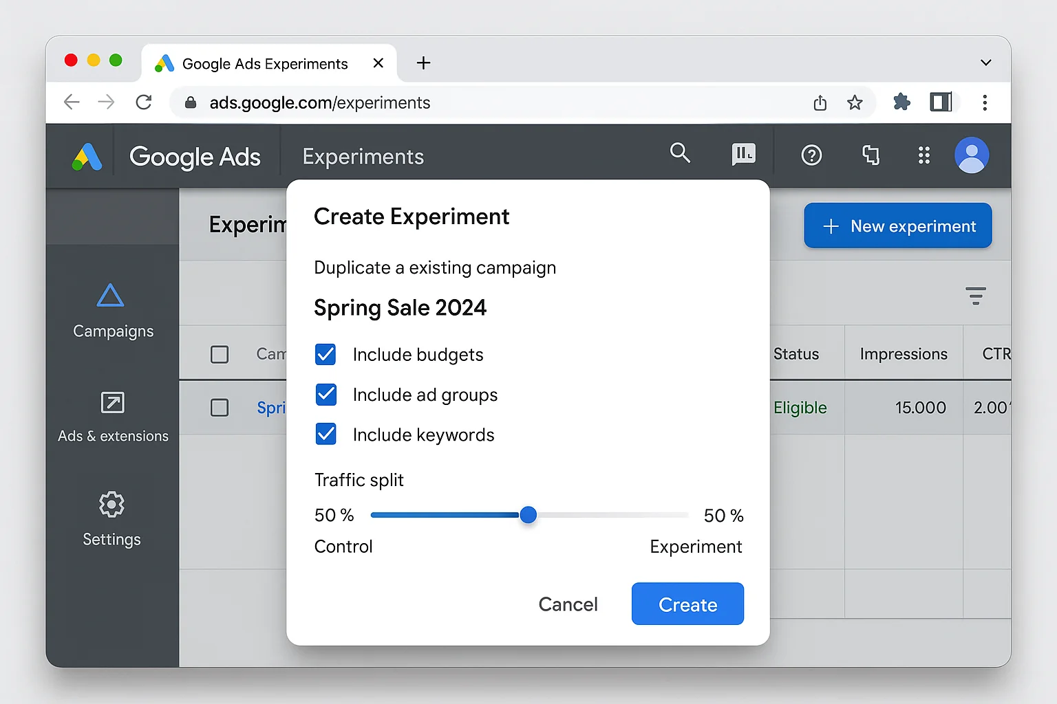 Google Ads Experiments setup screen showing the campaign duplication and traffic split options