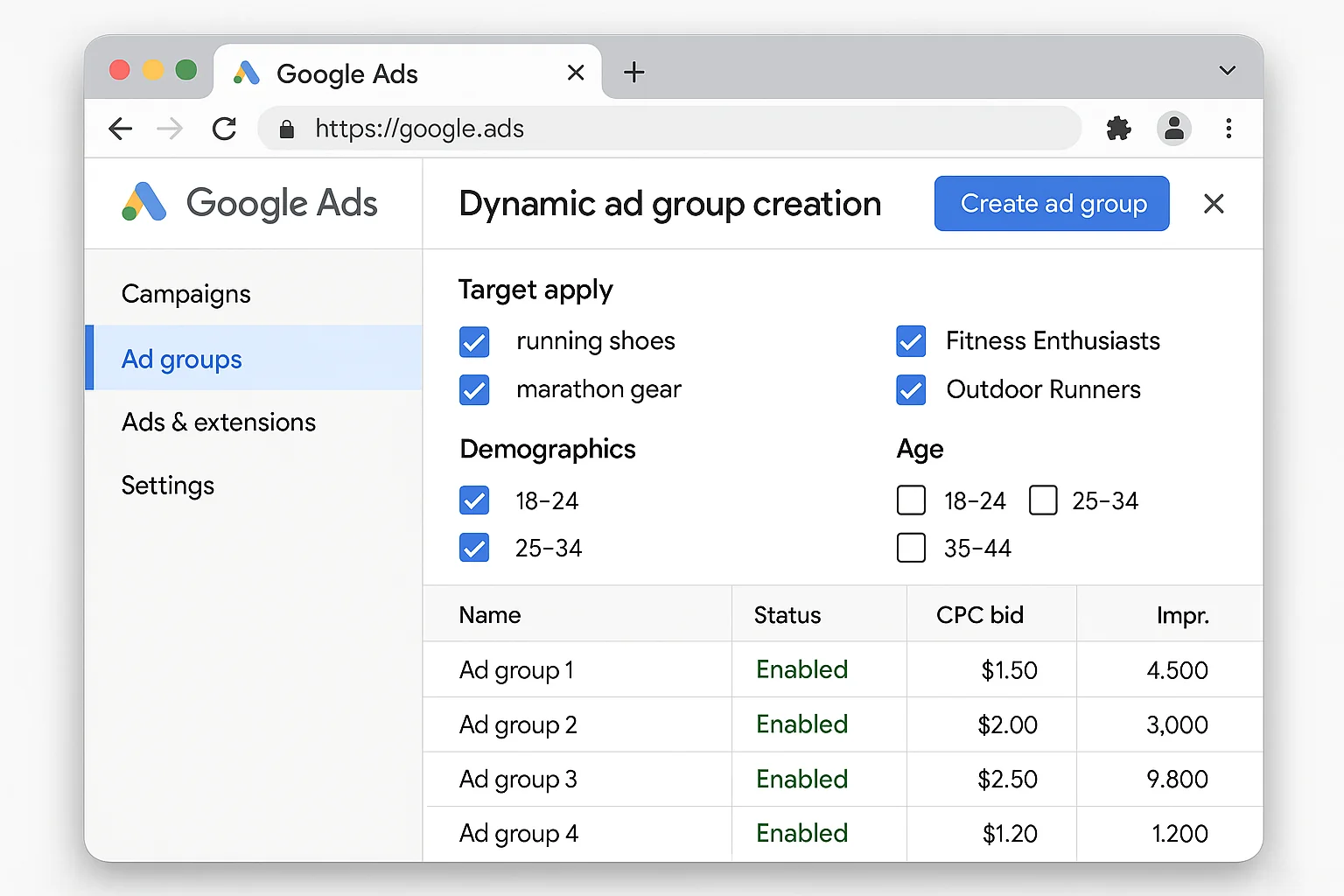Dynamic ad group creation screen in Google Ads showing targeting options