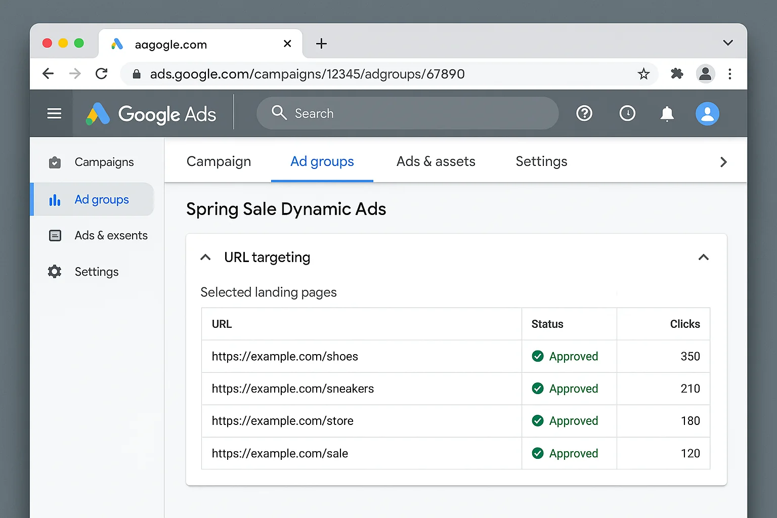 URL targeting setup for the dynamic ad group with specific landing pages selected