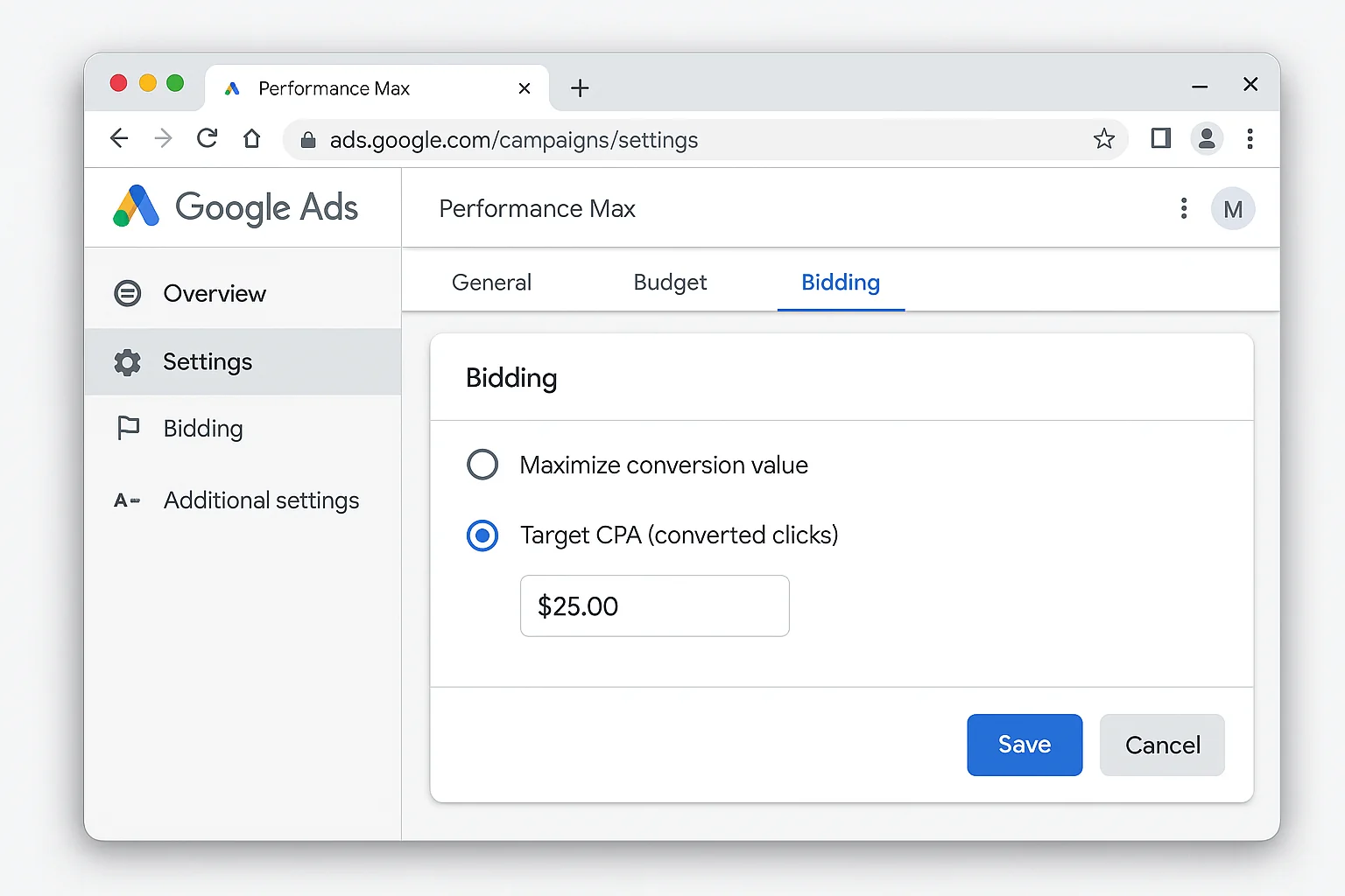 PMax campaign bidding strategy screen showing target CPA input