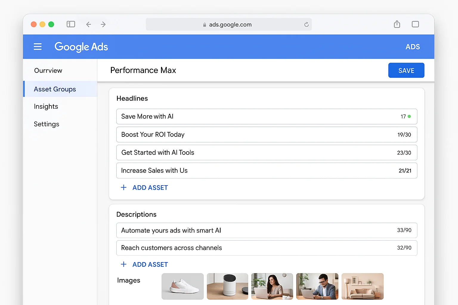 PMax asset group setup with headlines, descriptions, and images