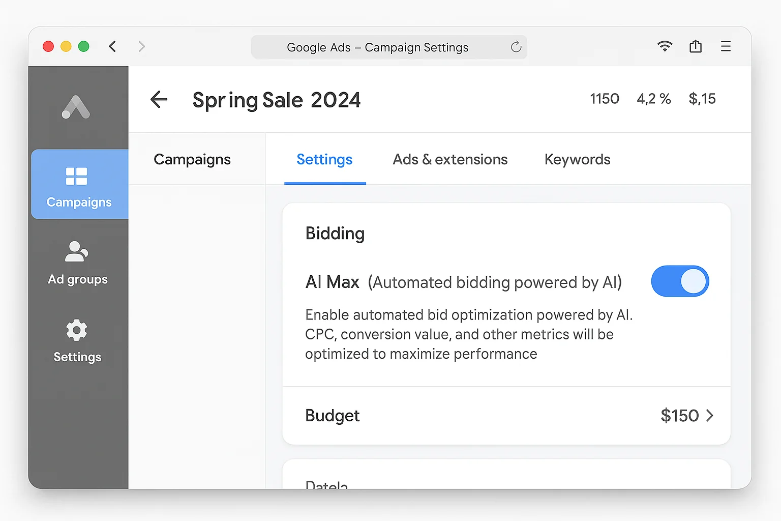 AI Max toggle in Google Ads campaign settings