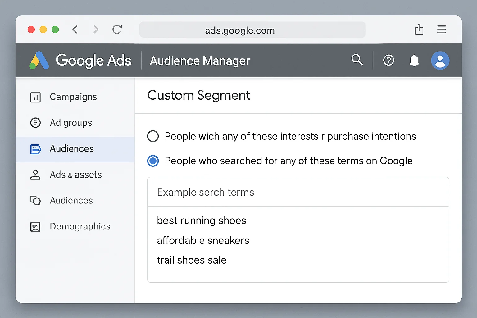 Google Ads Audience Manager showing the Custom Segments creation interface, with the "People who searched for any of these terms on Google" option selected