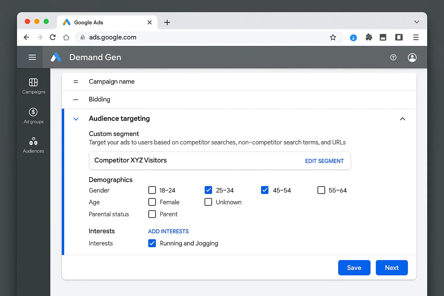 A Demand Gen campaign setup screen showing the custom competitor segment applied as the targeting audience, with demographic overlays for age 25-44 and interest in "Running and Jogging"