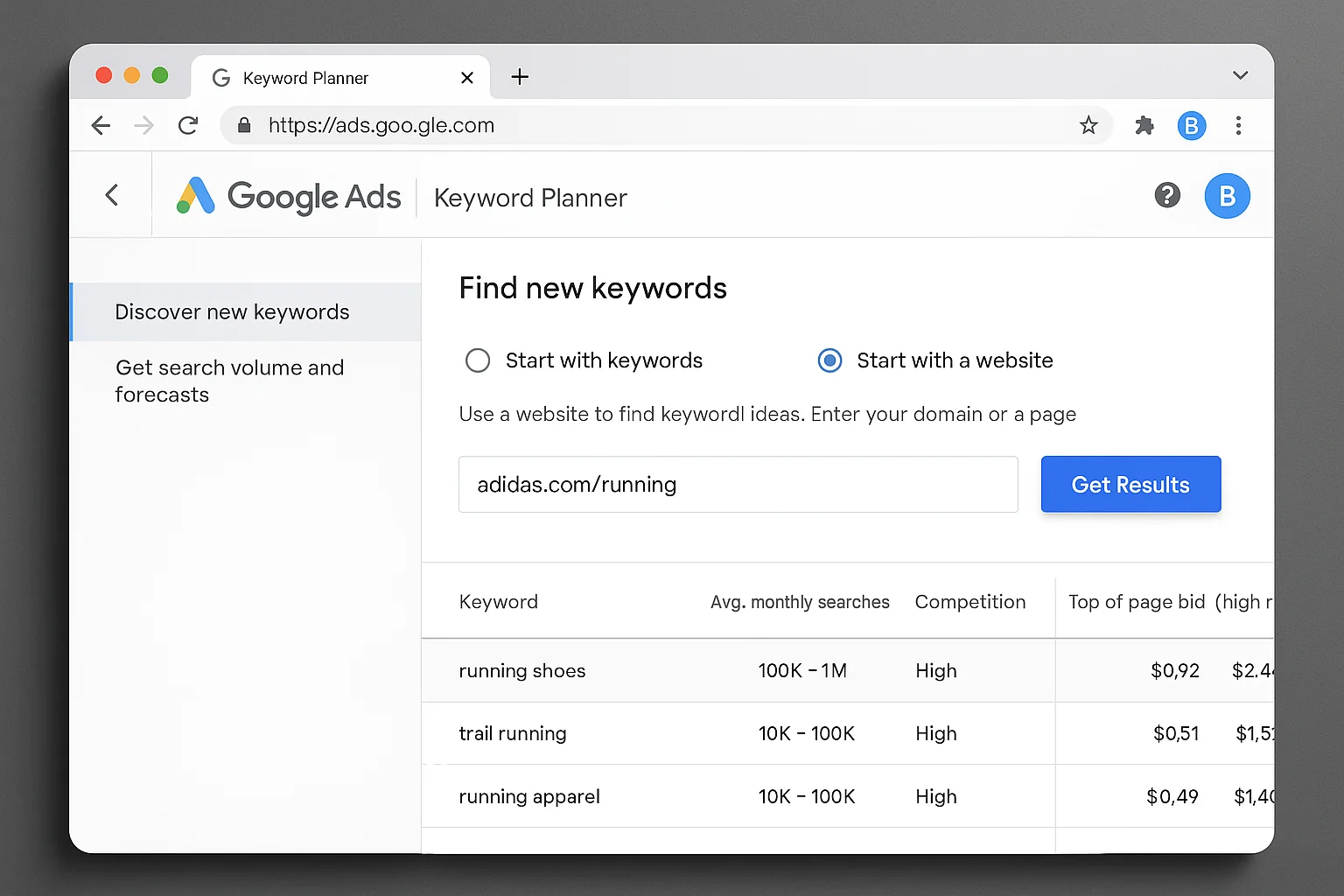 Google Keyword Planner interface with the "Start with a website" option selected, and a competitor URL (e.g., adidas.com/running) entered in the URL field