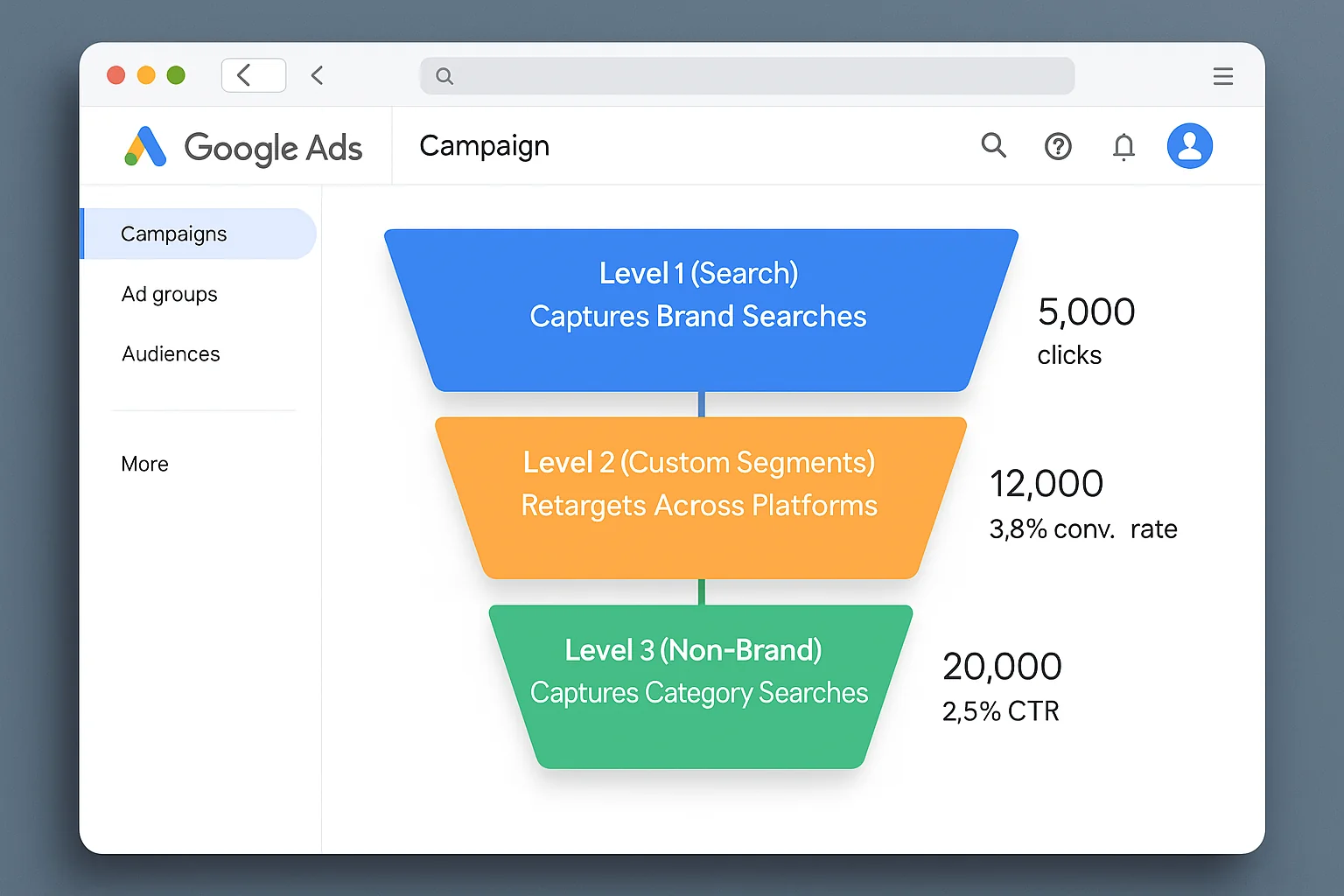 Funnel diagram showing the 3 levels of competitor conquesting. Level 1 (Search) at the top captures brand searches. Level 2 (Custom Segments) in the middle retargets across platforms. Level 3 (Non-Brand) at the bottom captures category searches where competitors rank organically.