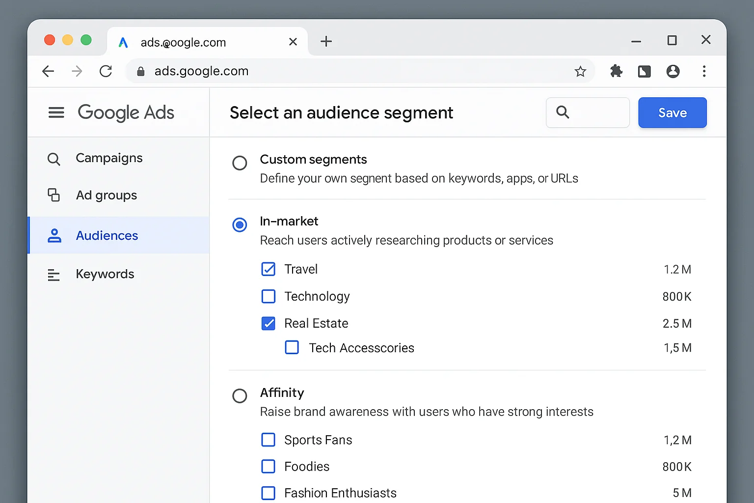 Audience segment selection screen showing Custom segments, In-market, and Affinity options
