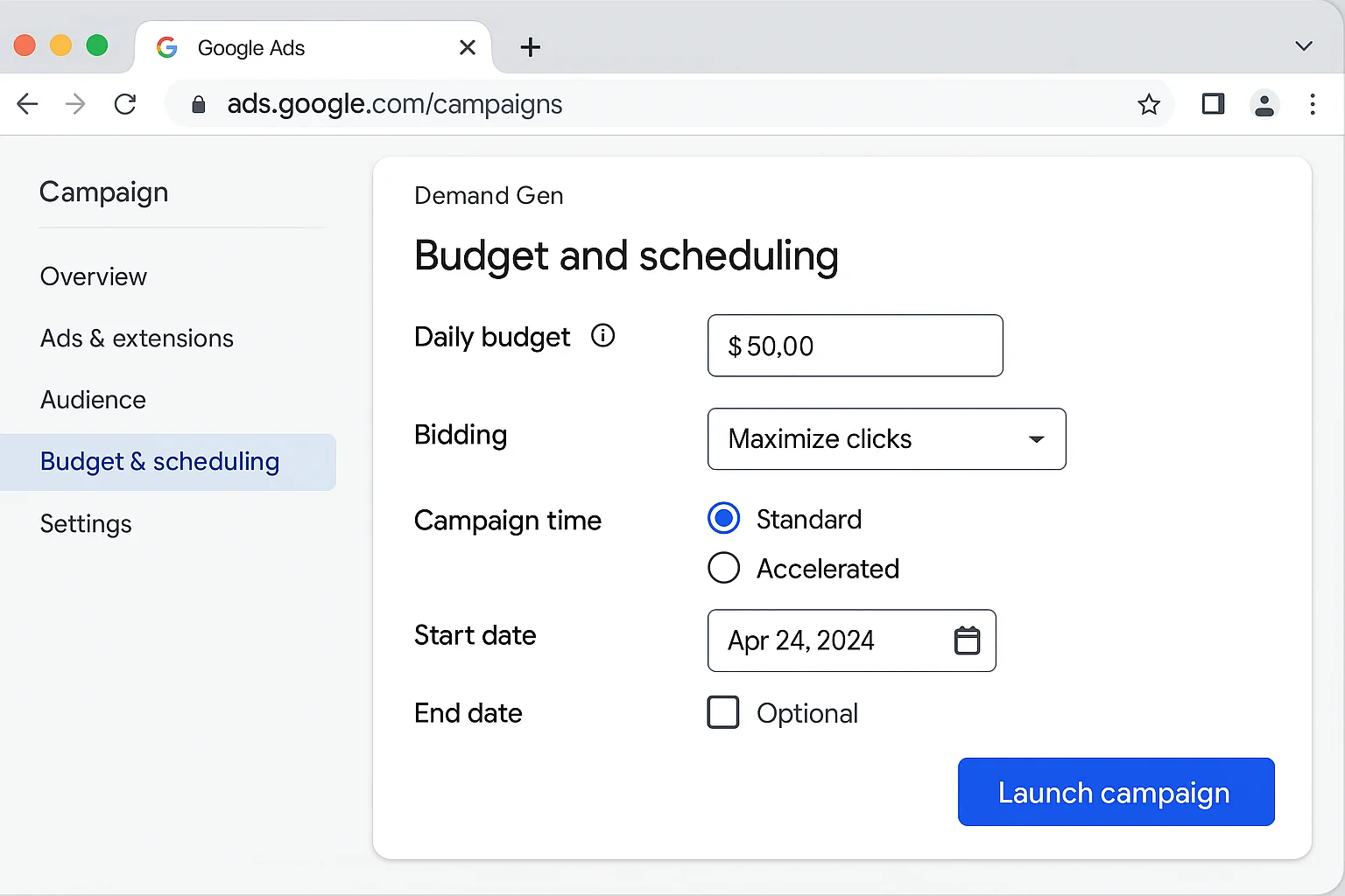 Budget and scheduling screen with daily budget input field and campaign launch button