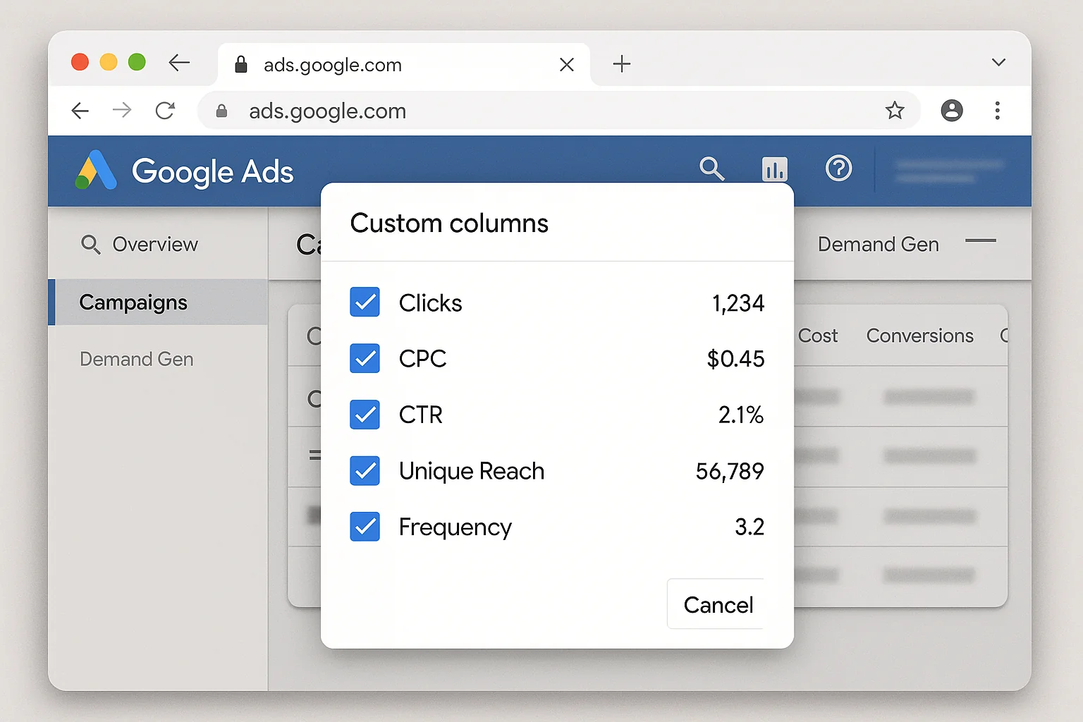 Custom columns setup showing Clicks, CPC, CTR, Unique Reach, and Frequency selected