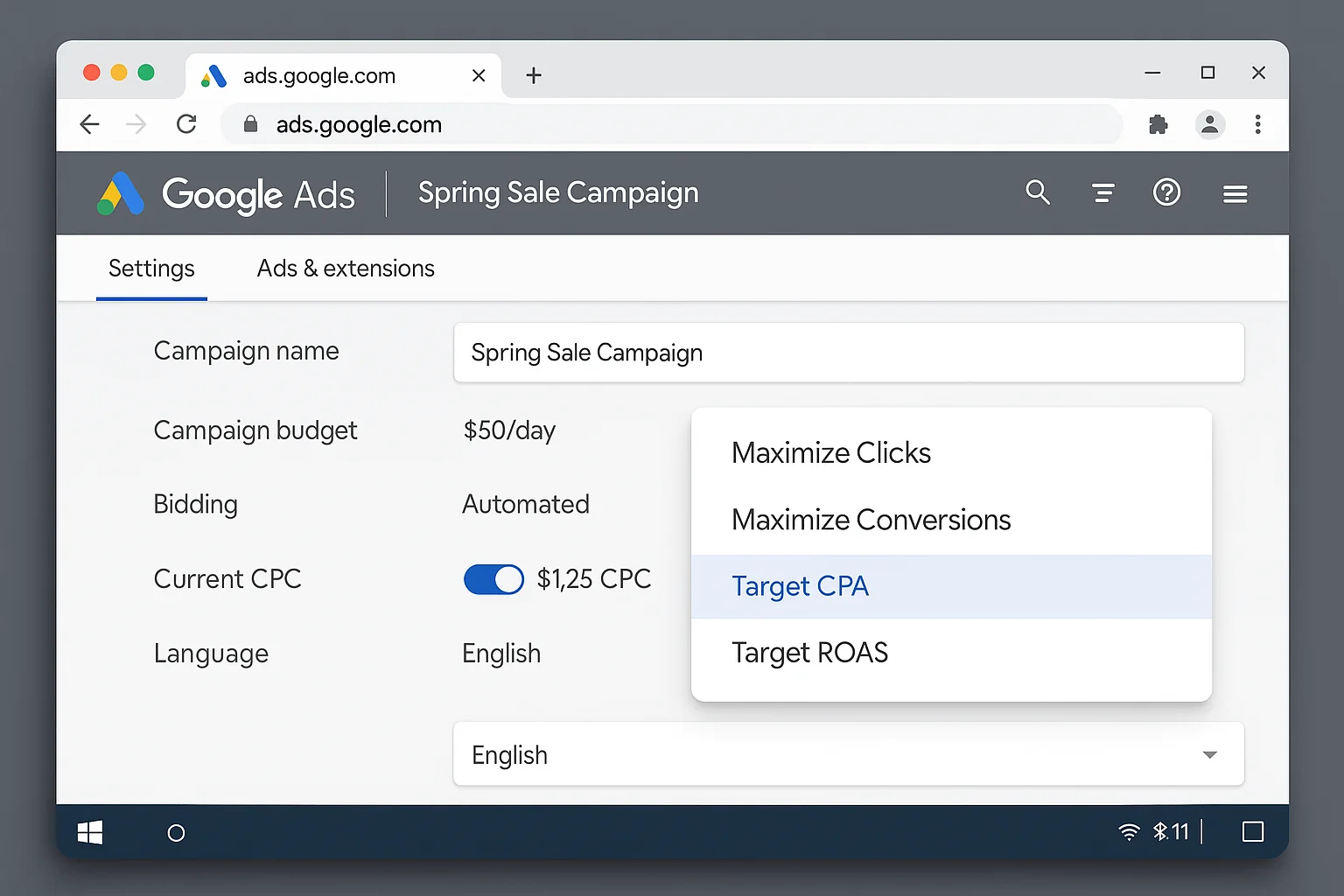 Google Ads bid strategy selection dropdown showing both Maximize and Target options side by side