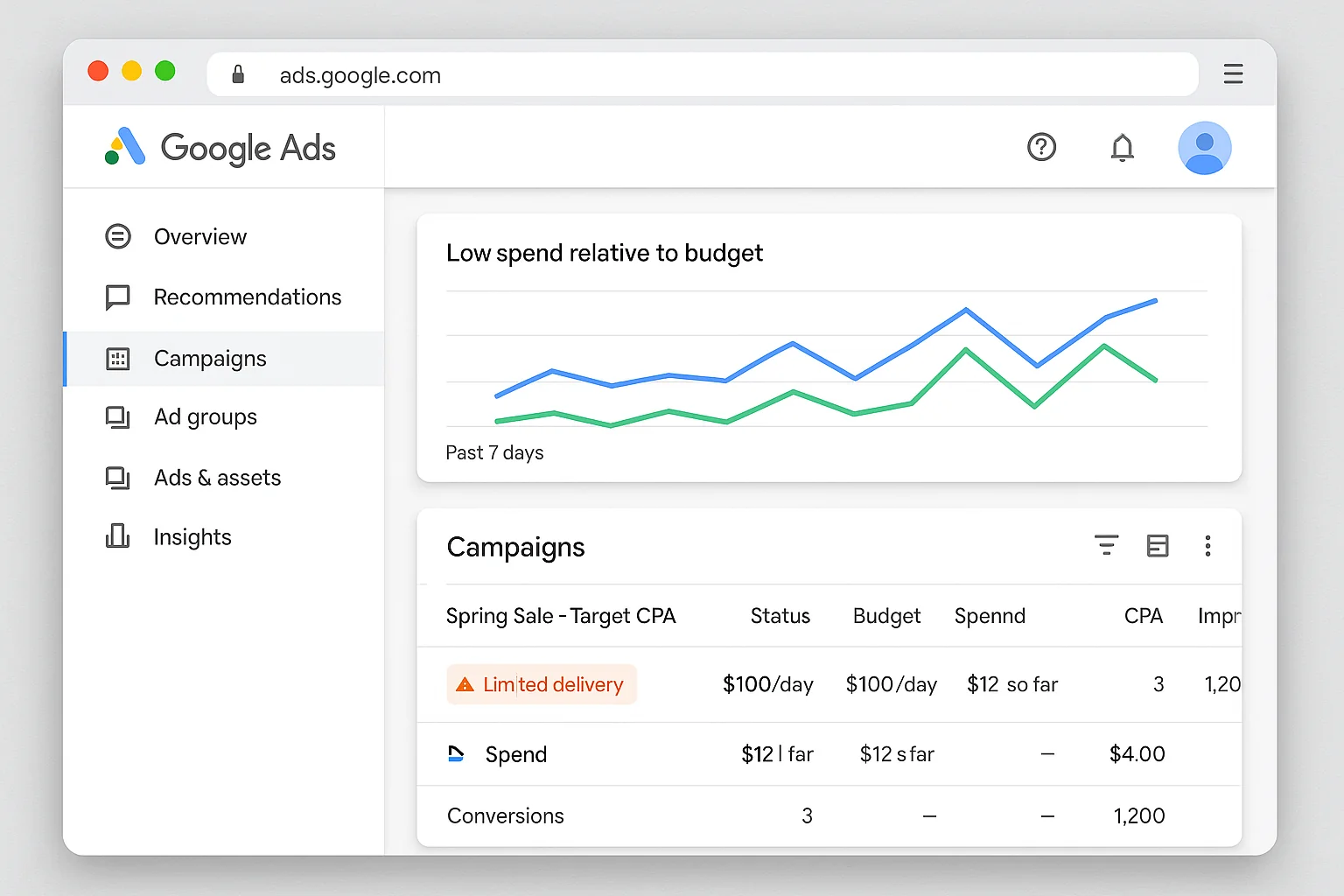 Google Ads campaign dashboard showing a Target CPA campaign with very low spend relative to the daily budget, limited delivery status