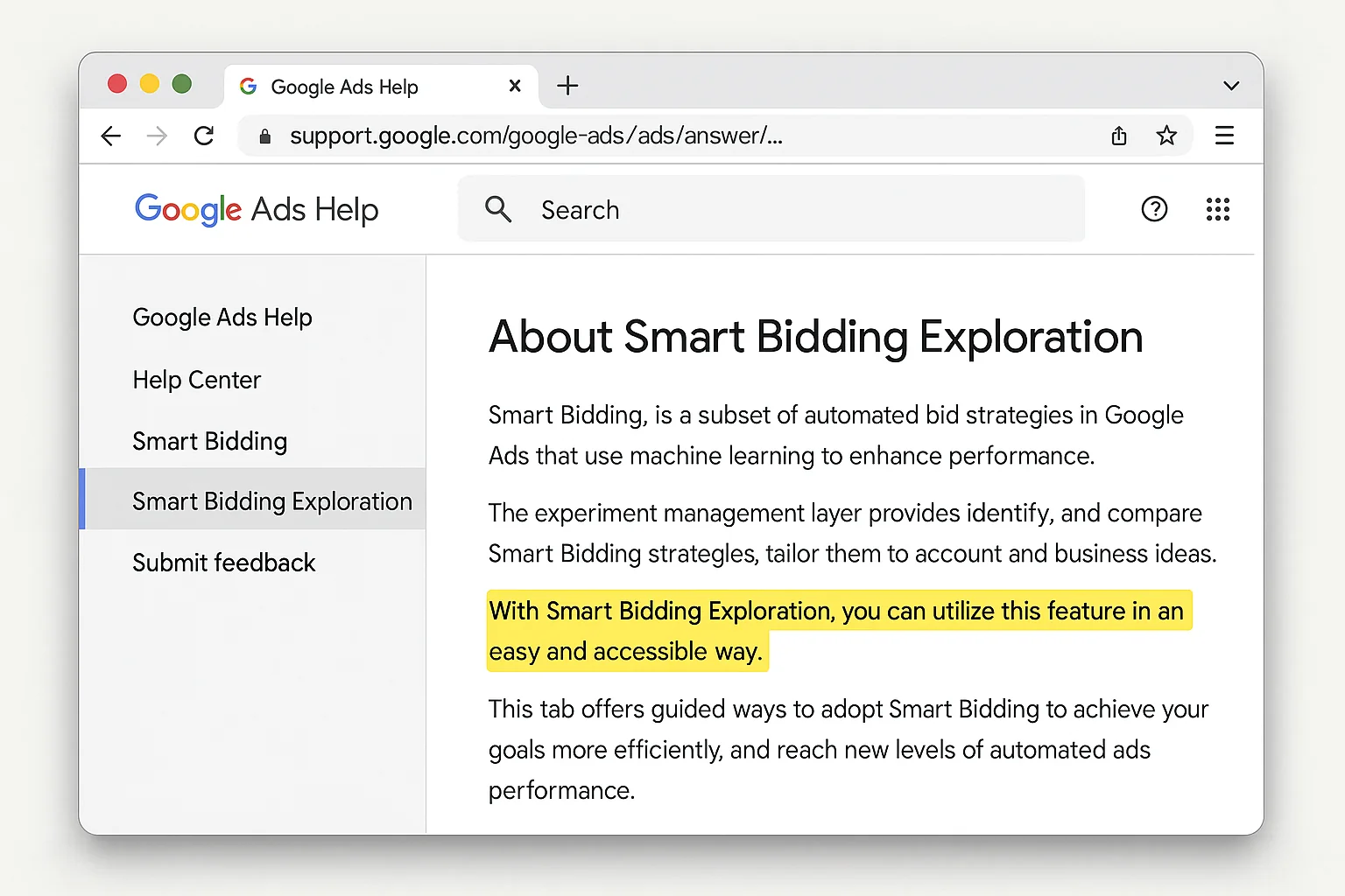 Google Ads Help screenshot showing the "About Smart Bidding Exploration" page with the key description highlighted