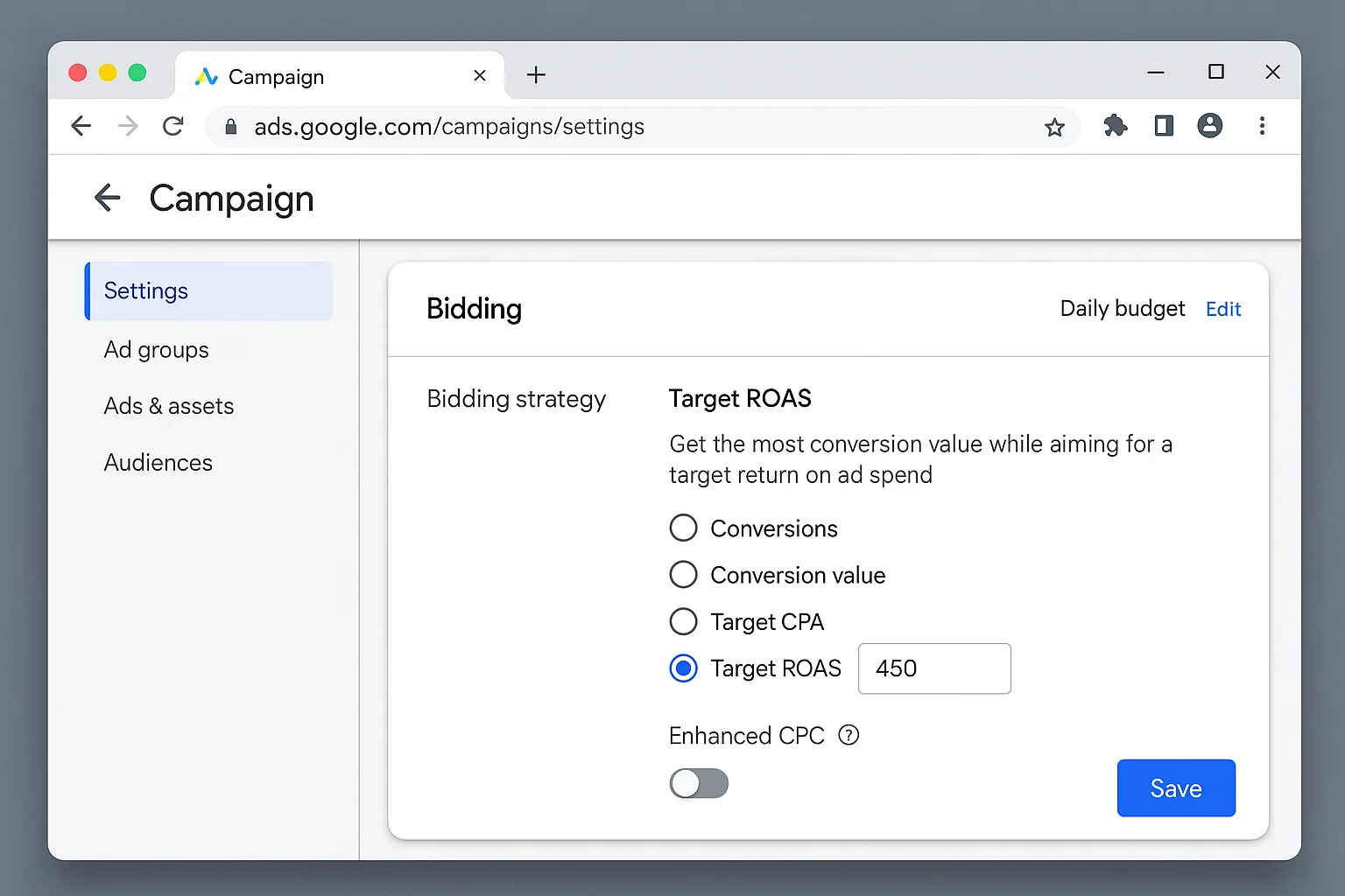 Google Ads campaign settings showing the bidding section with Target ROAS selected and the ROAS target input field visible