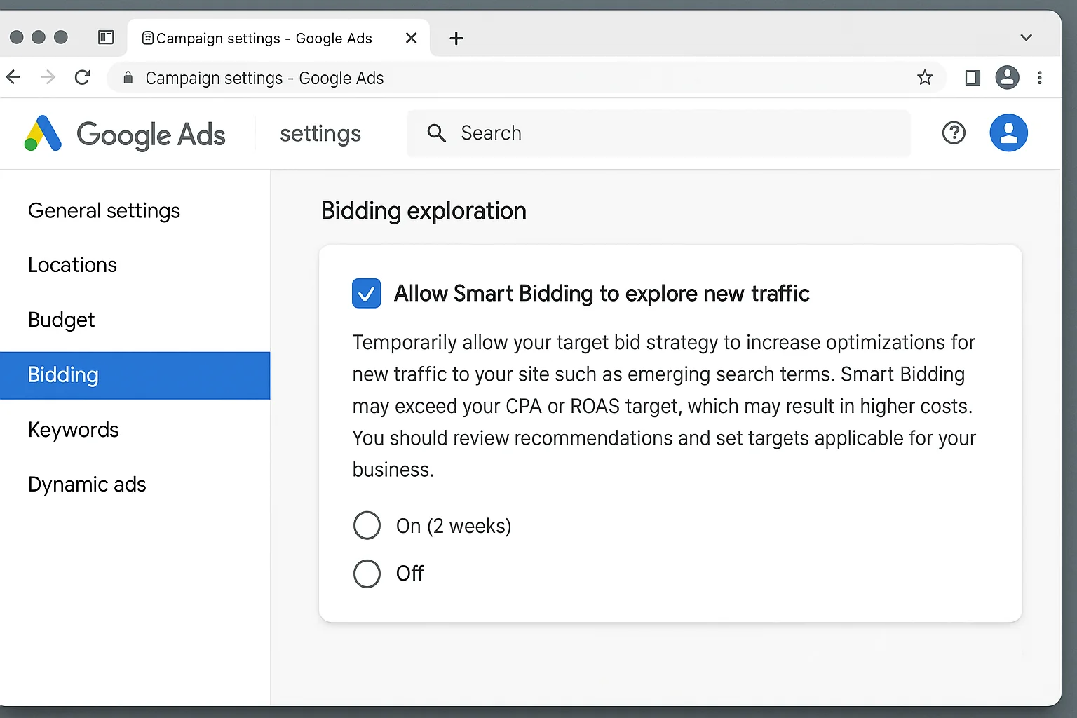 Google Ads campaign settings page showing the "Bidding exploration" section expanded with the checkbox next to "Allow Smart Bidding to explore new traffic" highlighted