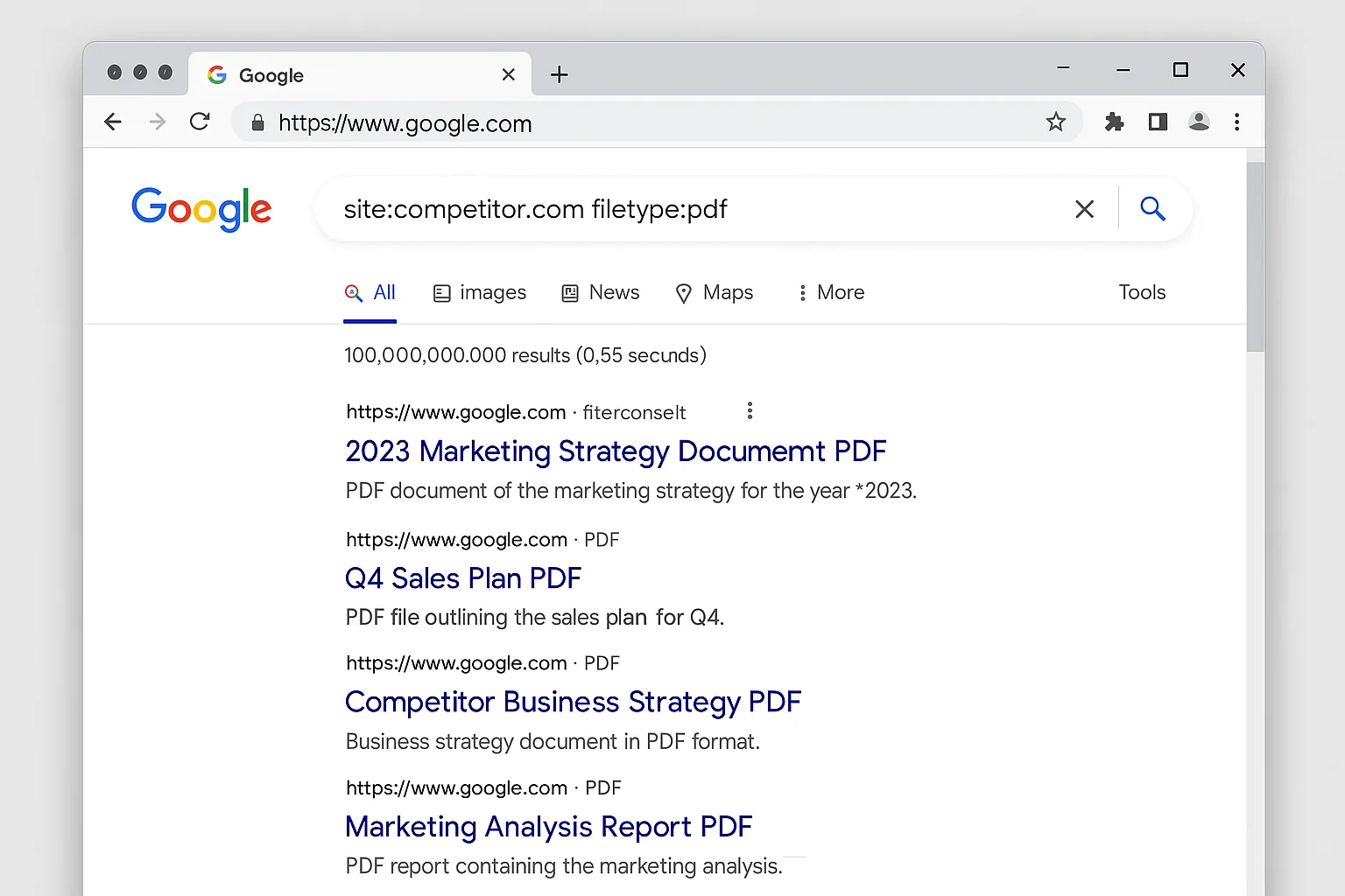 Google search bar showing the query site:competitor.com filetype:pdf with results below