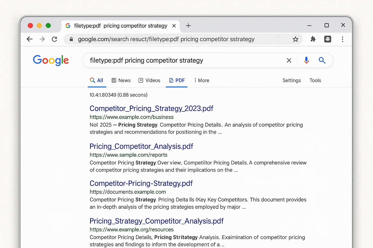 Google search showing filetype:pdf with keyword filter "pricing" added