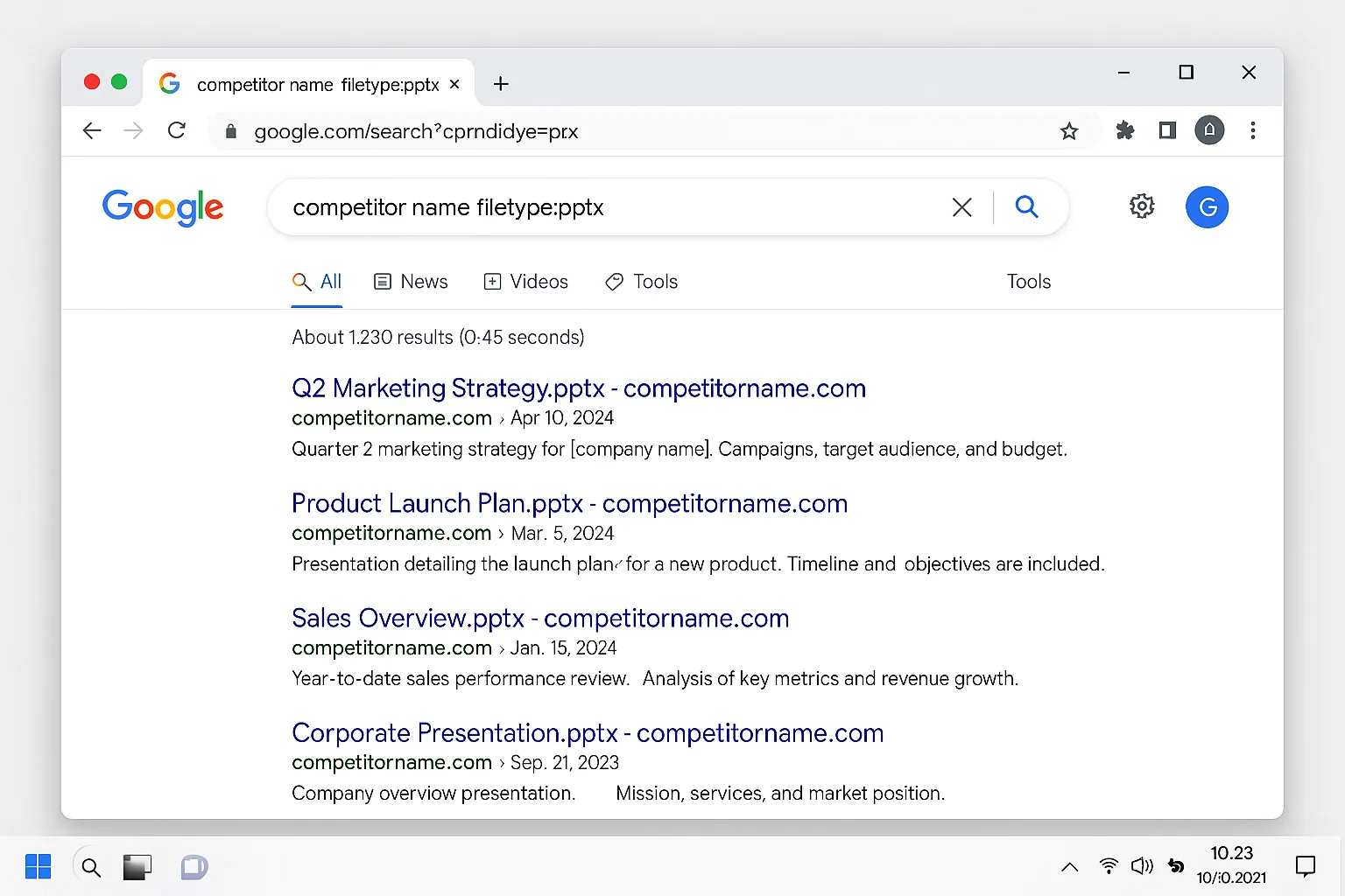 Google search results showing competitor PowerPoint files found via filetype:pptx