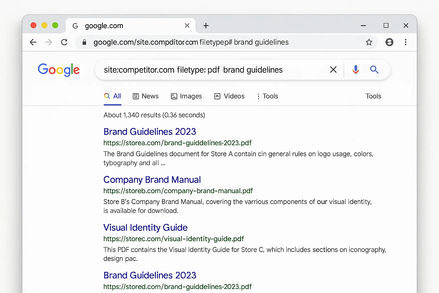 Search results showing brand guideline PDFs from e-commerce companies