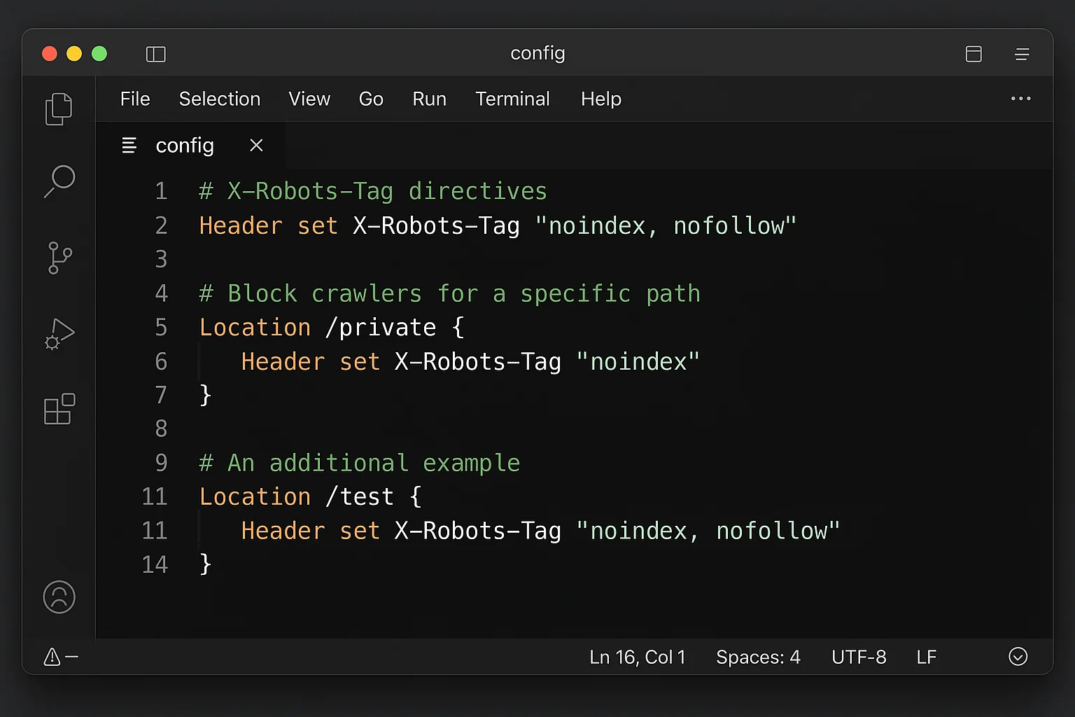 Example of X-Robots-Tag configuration in an Apache or Nginx config file