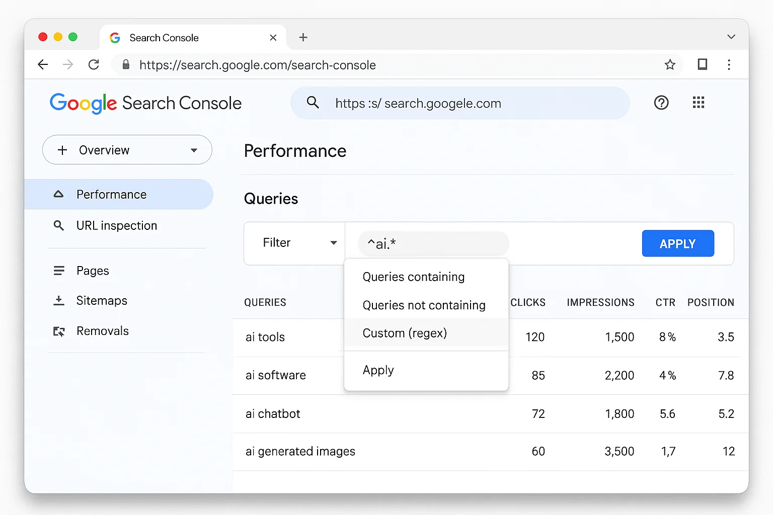 The regex filter input field with the pattern entered and the Apply button highlighted