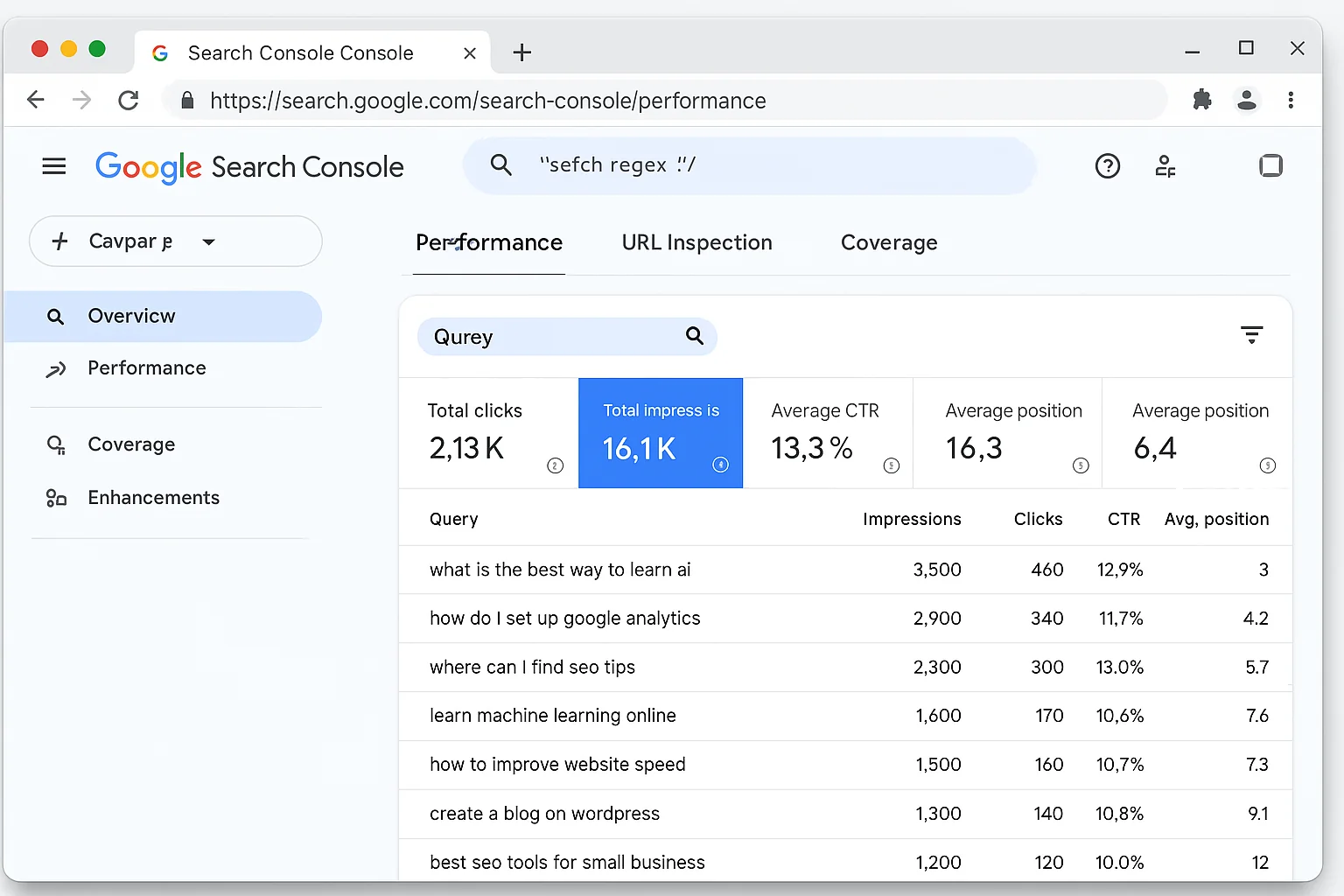 The filtered Performance report showing long, natural-language queries like "what is the best way to..." and "how do I set up..."