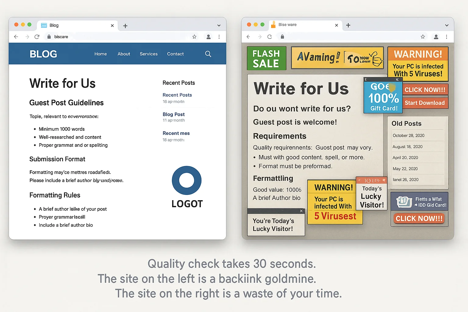 Side-by-side comparison of two "write for us" pages. One from a clean, professional blog with recent posts, and one from a spammy-looking site with no recent content. Caption: "Quality check takes 30 seconds. The site on the left is a backlink goldmine. The site on the right is a waste of your time."