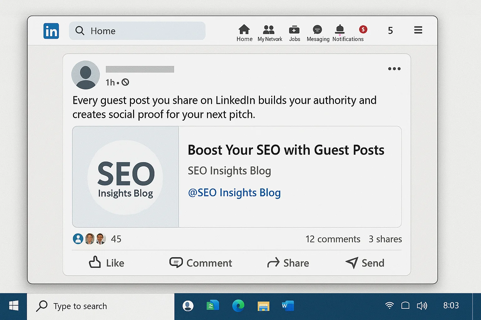 A LinkedIn post sharing a guest article, showing engagement (likes, comments) and tagging the host blog. Caption: "Every guest post you share on LinkedIn builds your authority and creates social proof for your next pitch."