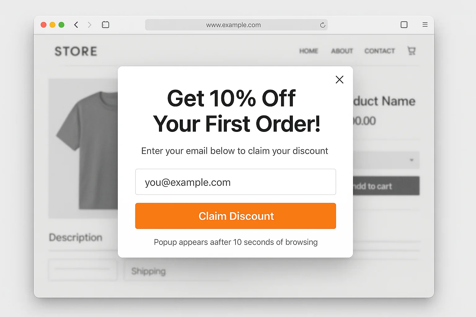 Fanchest-style discount popup example showing the 10-second delay trigger, email field, and discount offer
