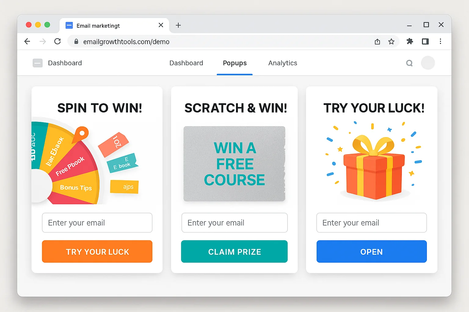 Examples of all three gamification popup formats showing email capture fields and prize mechanics