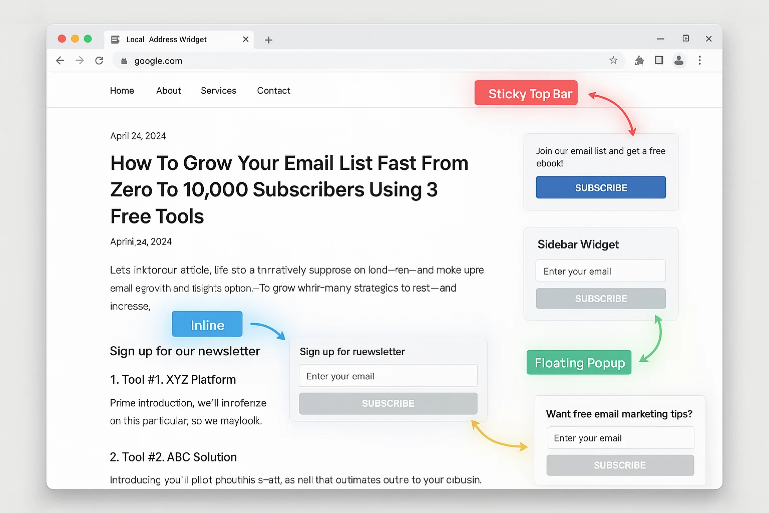 Blog post example showing all four click trigger positions highlighted with arrows