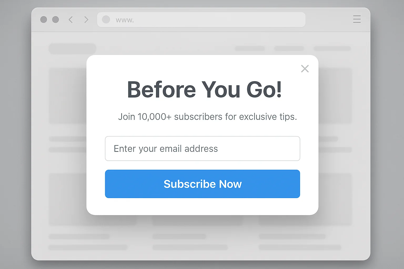 Exit-intent popup example with "Before You Go!" headline and email capture form