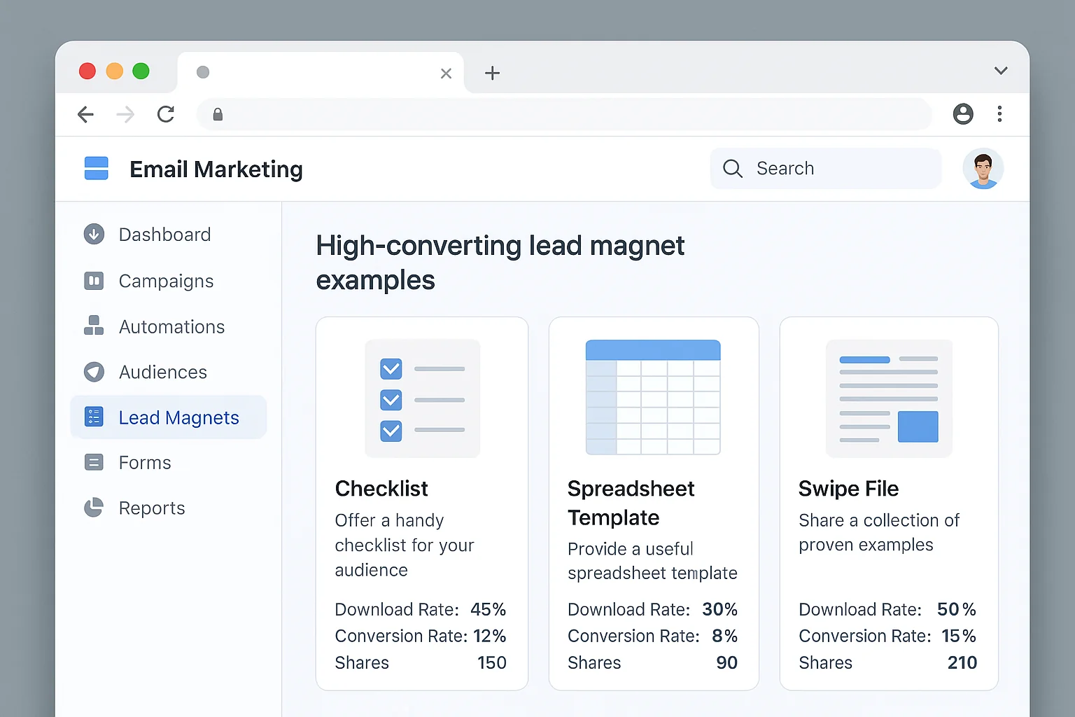 Examples of high-converting lead magnet formats including a checklist, spreadsheet template, and swipe file