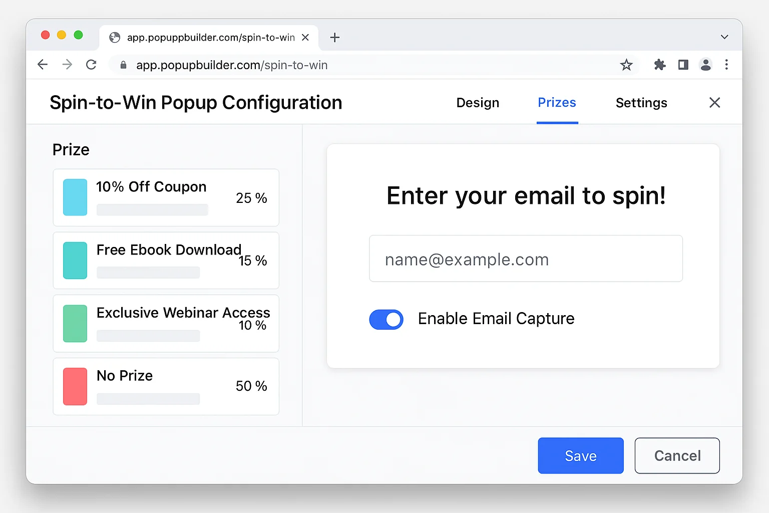 Spin-to-win popup configuration screen showing prize tier setup and email capture field