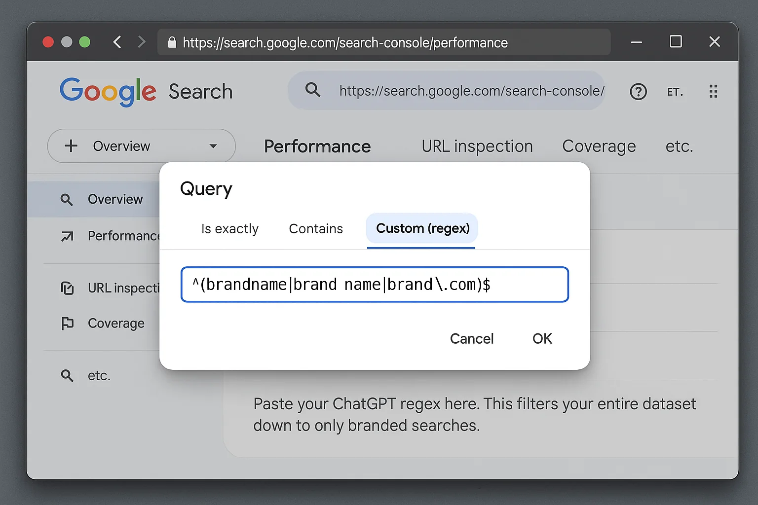 The query filter dialog in GSC showing "Custom (regex)" selected with the branded regex pasted into the field. Caption: "Paste your ChatGPT regex here. This filters your entire dataset down to only branded searches."