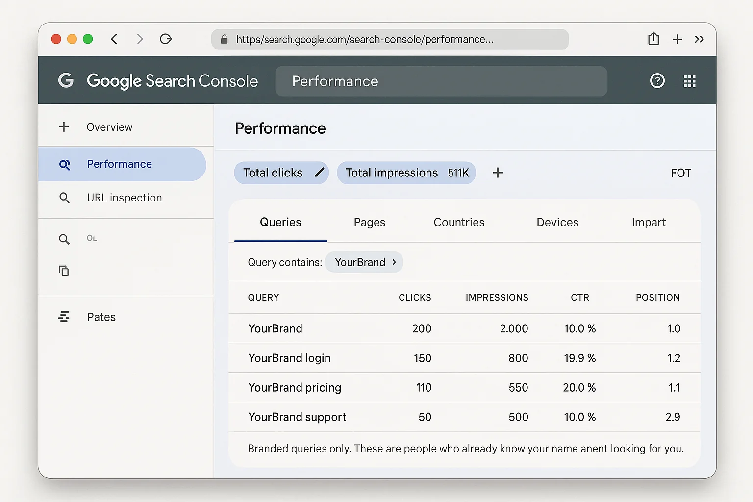 GSC Performance report filtered to show only branded queries. The queries list shows variations of the brand name with their clicks and impressions. Caption: "Branded queries only. These are people who already know your name and went looking for you."