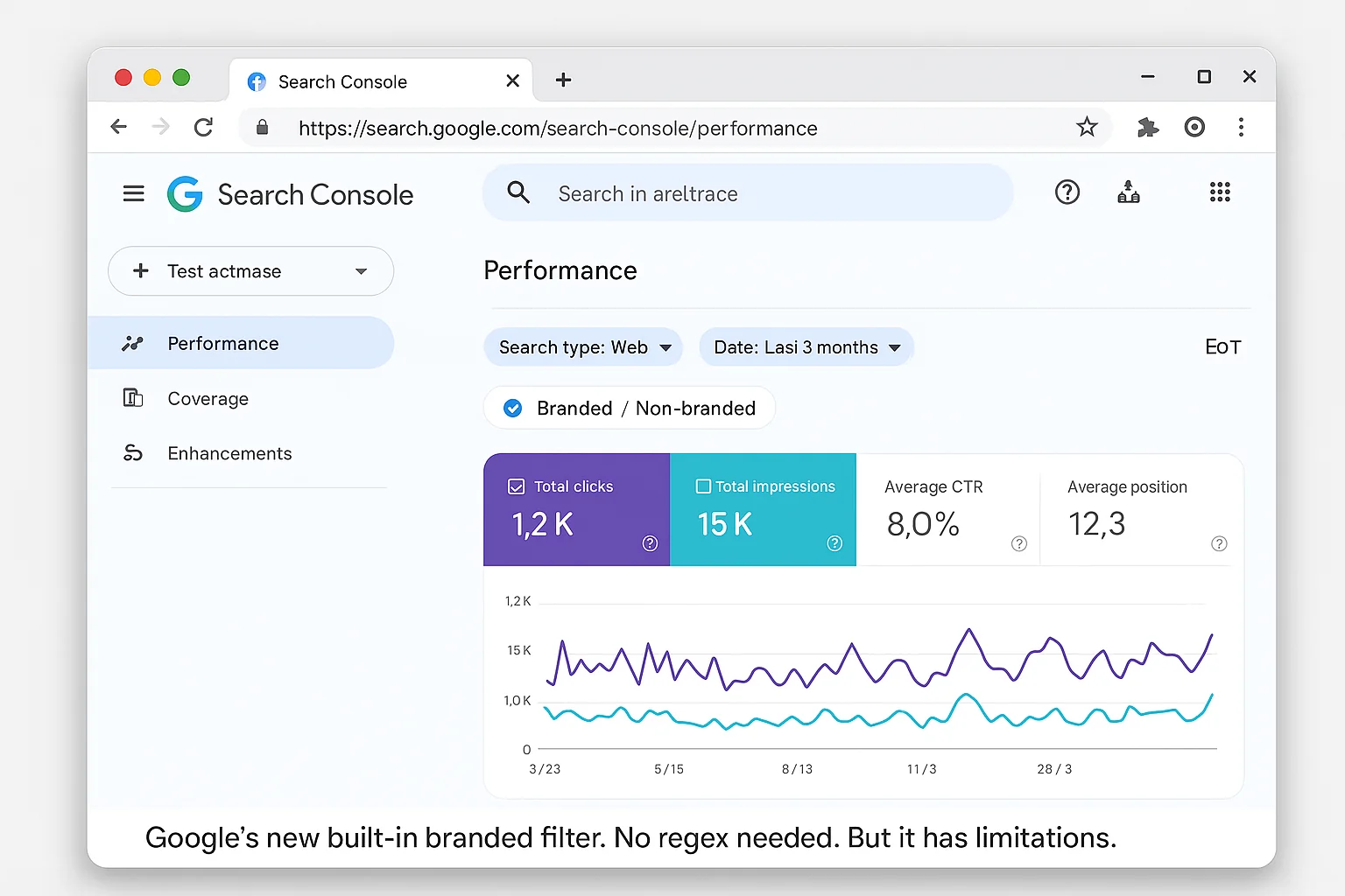 The new native branded filter in GSC, showing the Branded/Non-branded toggle in the Performance report filter bar. Caption: "Google's new built-in branded filter. No regex needed. But it has limitations."