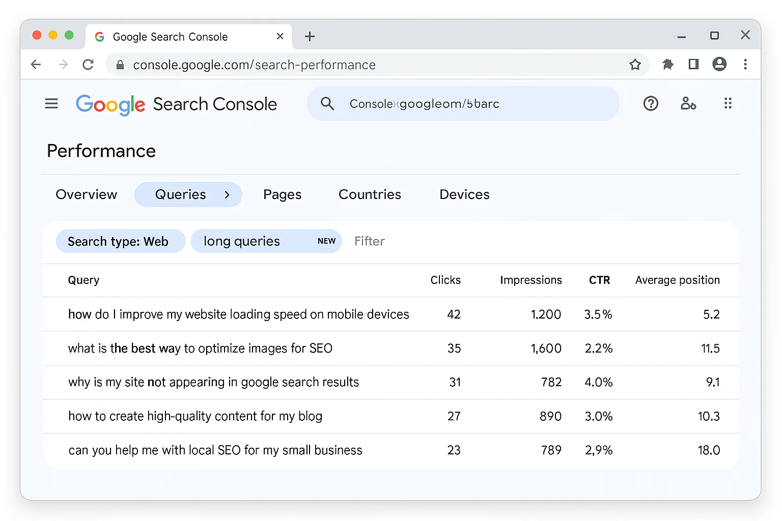 The filtered Performance report showing long, conversational queries like "how do I improve my website loading speed on mobile devices"