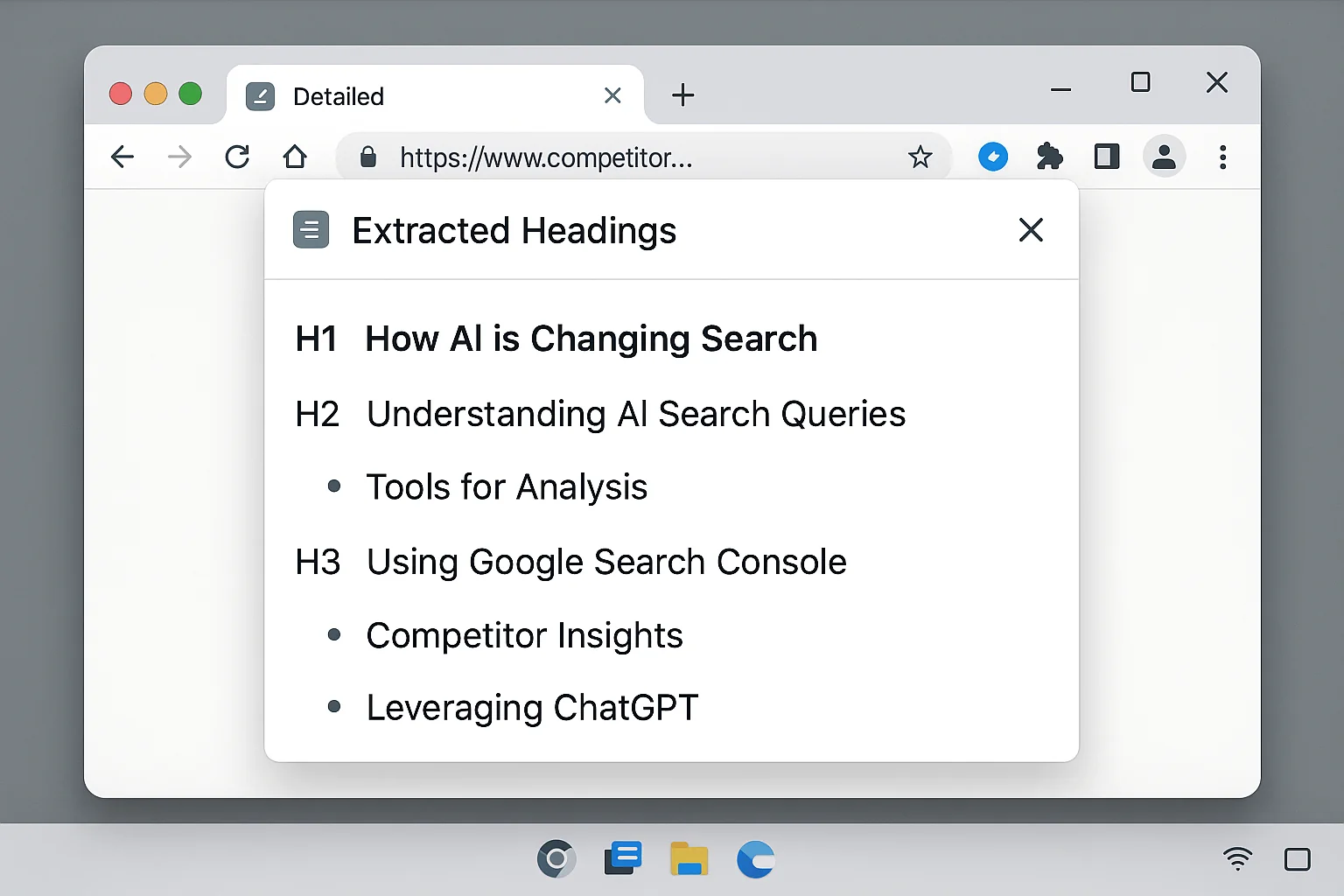 The Detailed Chrome extension popup showing extracted headings (H1, H2, H3) from a competitor article