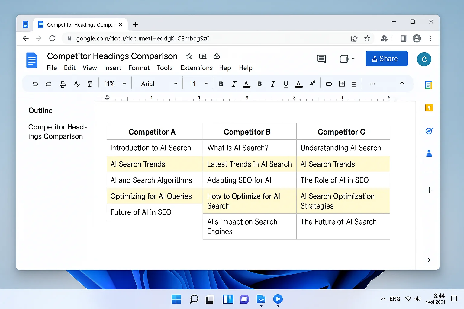 A document showing the extracted headings from three competitor articles, side by side, with overlapping topics highlighted