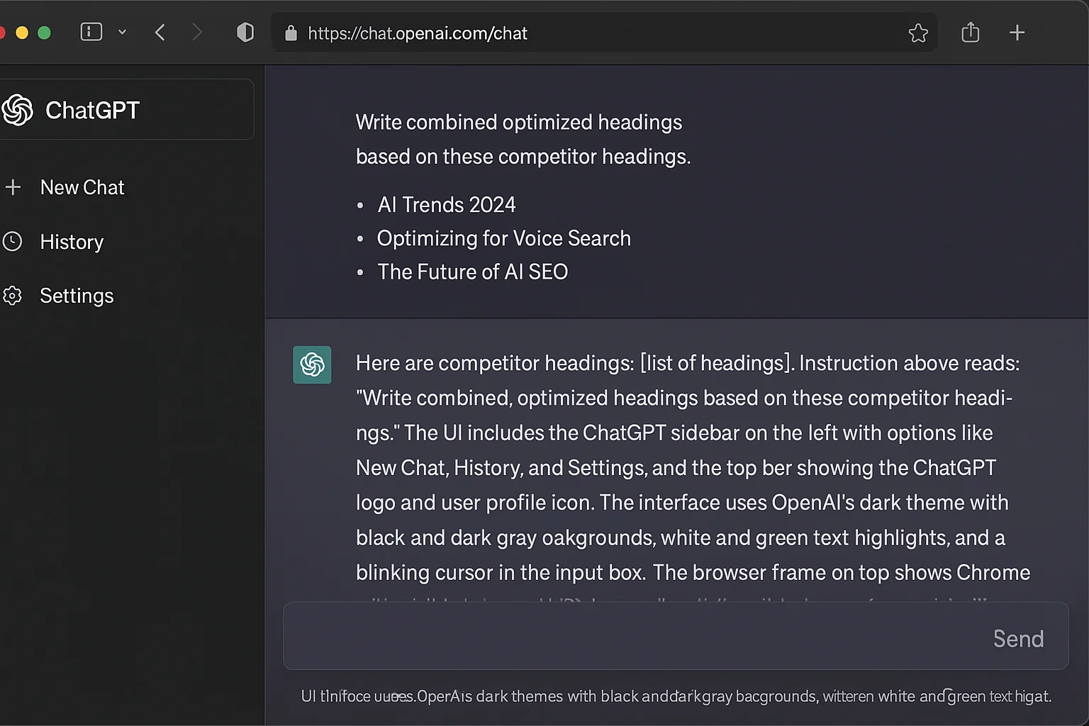 ChatGPT prompt with competitor headings pasted in and the instruction to write combined headings