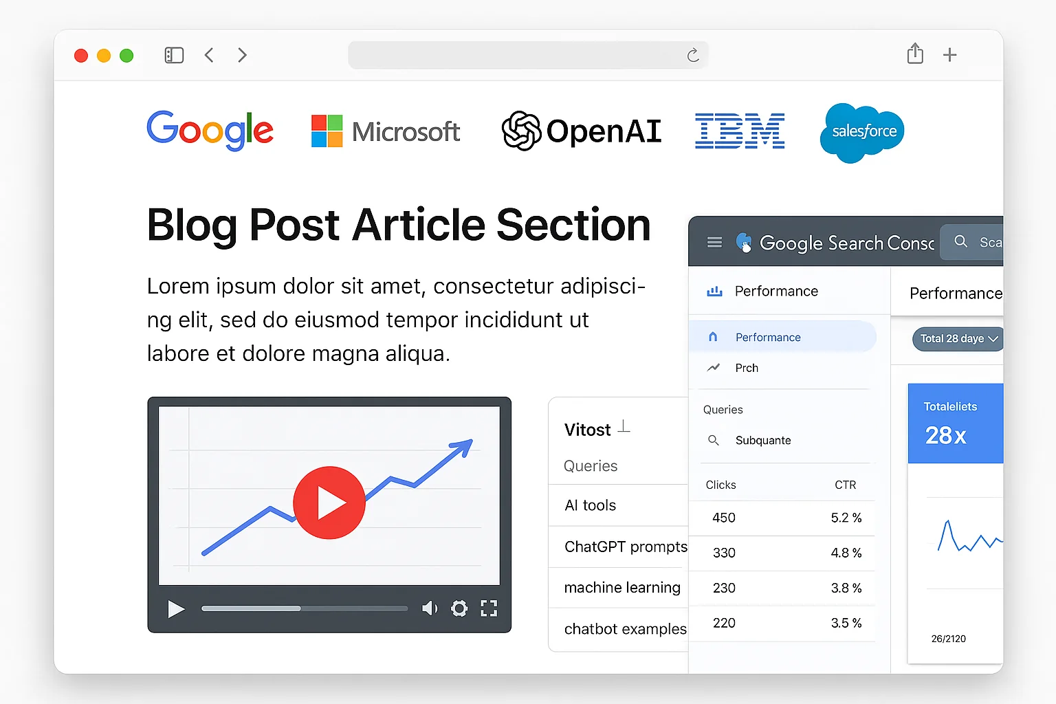Example of an article section enriched with real company logos, a dashboard screenshot, and an embedded video
