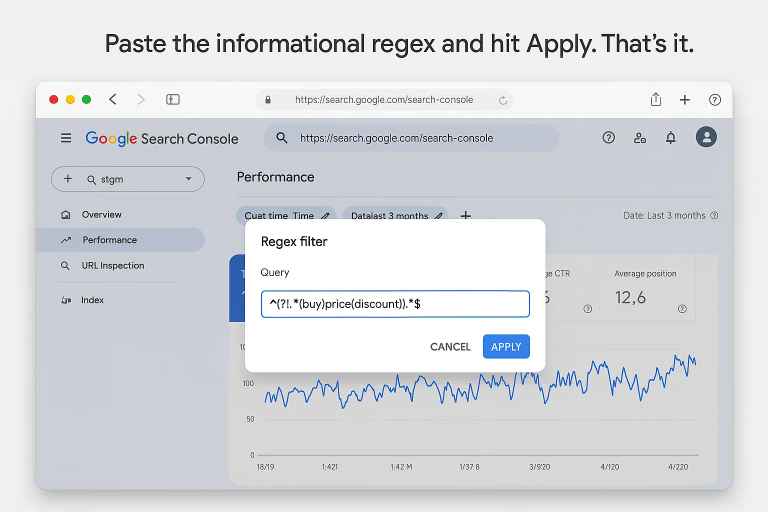 The regex filter dialog with the informational regex pasted into the text field. The Apply button is visible. Caption: "Paste the informational regex and hit Apply. That's it."