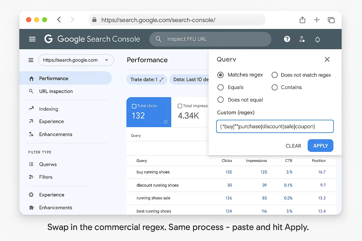 The regex filter dialog with the commercial regex pasted. Caption: "Swap in the commercial regex. Same process -paste and hit Apply."