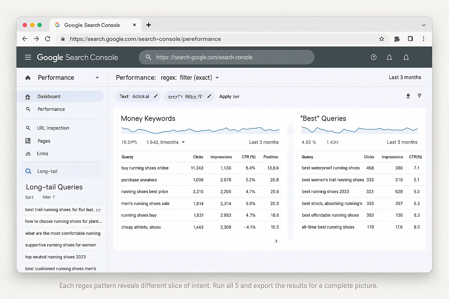 A collage or split view showing 2-3 different regex filter results -comparison queries, long-tail queries, and "best" queries -each revealing different types of valuable search data. Caption: "Each regex pattern reveals a different slice of intent. Run all 5 and export the results for a complete picture."