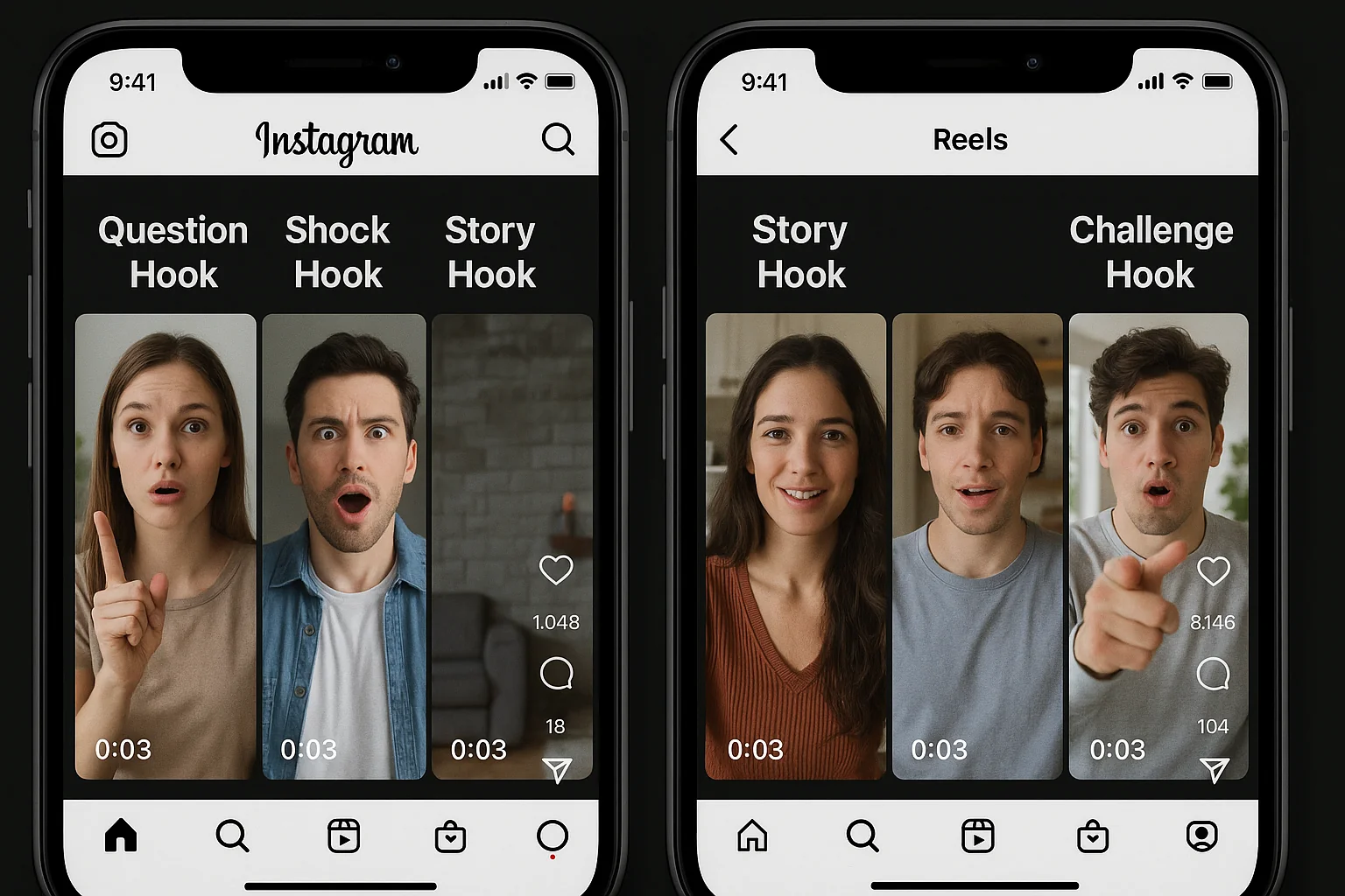 Four example Reels showing each hook pattern, timestamps highlighting the first 3 seconds