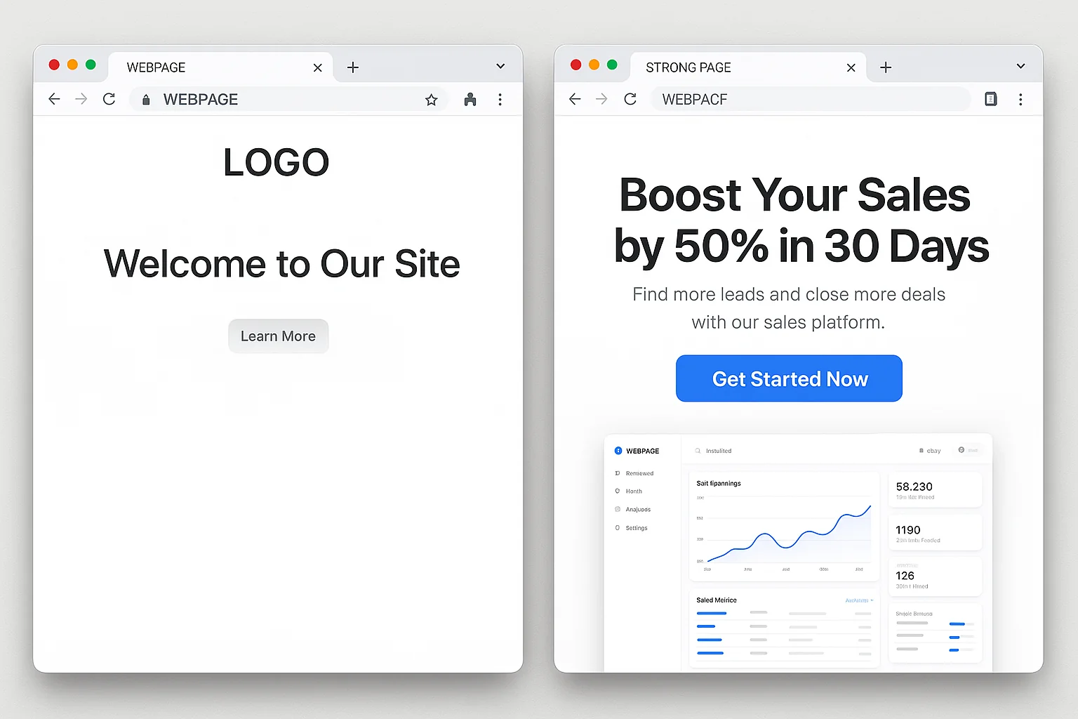 Side-by-side of a weak above-the-fold (company name prominent, generic headline, tiny CTA) vs. a strong one (benefit headline, clear subheadline, dominant CTA, product screenshot)